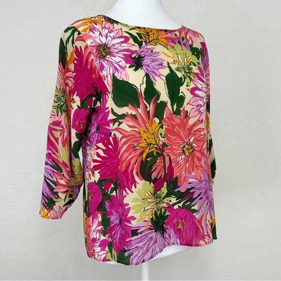 Weekend Max Mara Vorra Silk Top in Fuxia Pink Floral Print w/ Tie Sleeves Size 6 - Picture 3 of 12